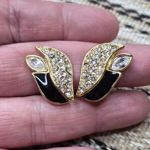 Vintage Trifari TM Black Enamel Crystal Rhinestone Earrings 80s To 90s